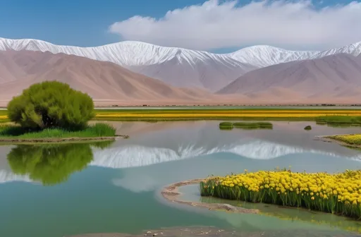 Prompt: Choghakhor Lagoon, (vibrant wetlands), stunning ecological site in spring, (endemic species), set in Chaharmahal and Bakhtiari Province, Iran, breathtaking natural beauty, lush landscapes, reflections in tranquil water, foreground with flora native to dreamy snowy Zagros Mountains, expansive skies, (4K), ultra-detailed environment, harmonious ecosystem, serene ambient lighting conveying peace and biodiversity, (high-quality nature photography).