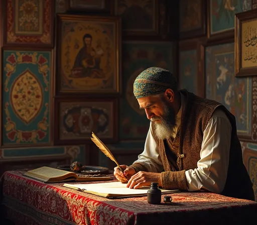 Prompt: (Rudaki Persian writing poetry in 920s AD), (historical Persian house interior), (traditional attire), using a quill and ink, surrounded by (richly detailed Persian drawings on the walls), dim ambient lighting, warm colorful tones, intricate carvings, nostalgic atmosphere, lush textiles, soft shadows, ultra-detailed, high-quality image.