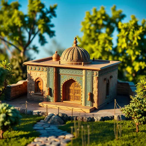 Prompt: (detailed depiction of Rudaki's Tomb), realistic miniature model, intricate design elements, vibrant colors, warm sunlight casting shadows, lush green surrounding landscape, clear blue sky, high-definition, ultra-detailed, charming ambiance, cultural significance, 'traditional Persian architecture' showcasing elegance and history, softly aged textures reflecting ancient artistry.