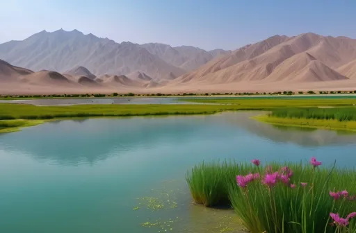 Prompt: Choghakhor Lagoon, (vibrant wetlands), stunning ecological site, (endemic species), set in Chaharmahal and Bakhtiari Province, Iran, breathtaking natural beauty, lush landscapes, reflections in tranquil water, foreground with flora native to Zagros Mountains, expansive skies, (4K), ultra-detailed environment, harmonious ecosystem, serene ambient lighting conveying peace and biodiversity, (high-quality nature photography).