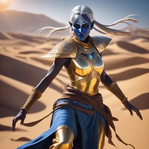 Prompt: female Drow monk in a fighting stance in a desert wearing golden armor with a divine radiant light