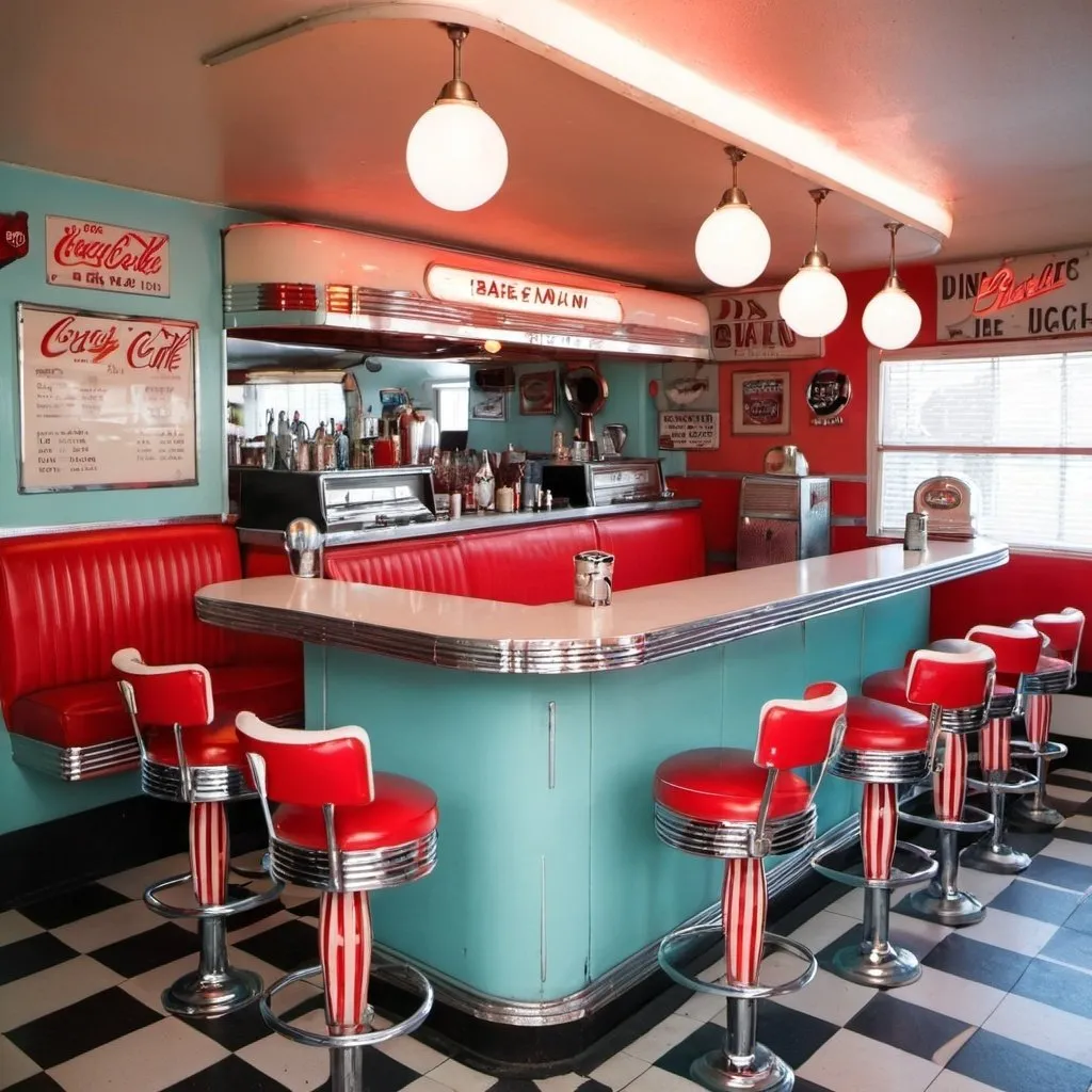 Prompt: 50S BAR MAIN INSPIRATION FOR GARAGE DECO RETRO CAFE, DINER DECOR, DINER AESTHETIC