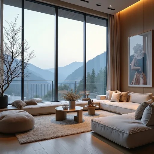 Prompt: A luxurious short-term rental apartment in the mountains, with large panoramic windows offering stunning mountain views. Elegant interior in biscuit and white tones, cozy decor, soft lighting, modern furniture, minimalistic design.