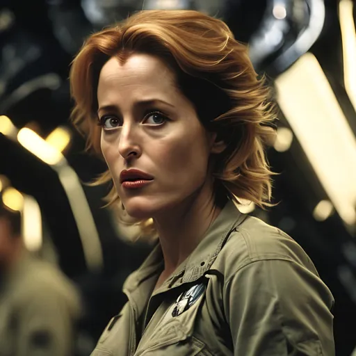 Prompt: Gillian Anderson as Ellen Ripley, Aliens Film