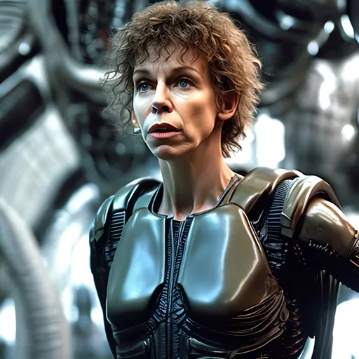 Prompt: Annie Lennox as Ellen Ripley, Aliens Film, xenomorph battle, spacecraft, industrial, oil refinery