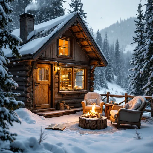 Prompt: crear una imagen relajante de una cabaña en la montaña con una chimenea y nieve cayendo en el exterior
