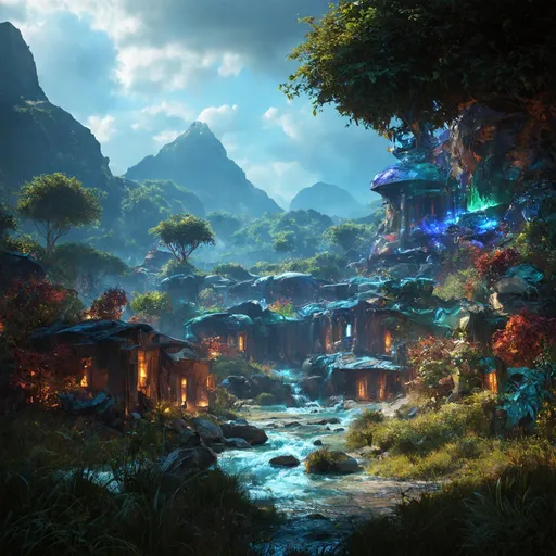 Prompt: (African style alien planet), futuristic tribal buildings, mountain backdrop, flowing river, dramatic lighting, vibrant colors, otherworldly flora, futuristic tribal attire, high detail, ultra-detailed, 4K, awe-inspiring, mystical atmosphere, intricate architecture, mildly cloudy day sky, glowing elements, alien wildlife, serene yet adventurous mood, lush landscapes.