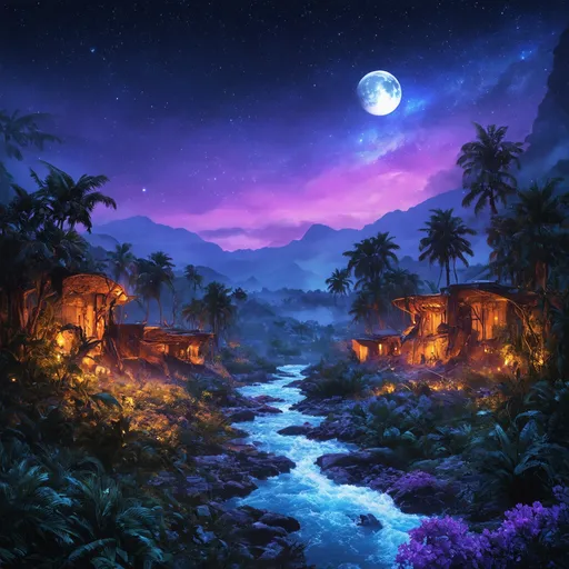 Prompt: (African style alien planet), futuristic tribal buildings, mountain backdrop, flowing river, dramatic lighting, vibrant colors, otherworldly flora, futuristic tribal attire, high detail, ultra-detailed, 4K, awe-inspiring, mystical atmosphere, intricate architecture, clear night sky, glowing elements, alien wildlife, serene yet adventurous mood, lush landscapes.