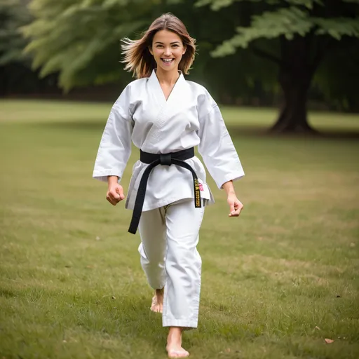 Prompt: Beautiful barefoot woman, karate uniform, walking on grass, grinning