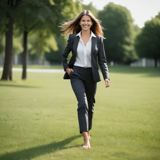 Prompt: Beautiful barefoot woman, business suit, walking on grass, grinning