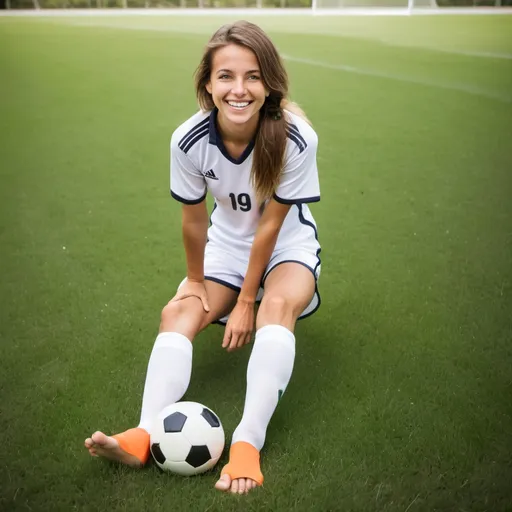 Prompt: Beautiful barefoot woman, soccer uniform, grass, grinning