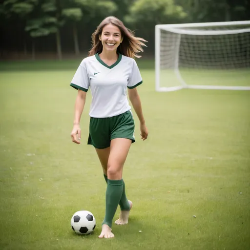 Prompt: Beautiful barefoot woman, soccer uniform, walking on grass, grinning