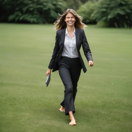Prompt: Beautiful barefoot woman, business suit, walking on grass, grinning