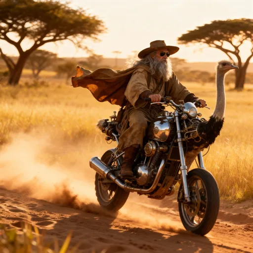 Prompt: ultra-realistic cinematic photo of the same old wizard as image guidance now riding a magically transformed hybrid between an ostrich and a motorcycle across the African savannah.
The ostrich’s body blends seamlessly with shiny metal and chrome parts, like a fantasy steampunk machine.
The wizard’s cape flutters dramatically in the wind as the sunset glows behind him.
Dust and sand trail behind the running creature, creating motion and energy.
Realistic lighting, golden hour tones, cinematic depth, photorealistic detail, 85mm lens, shallow depth of field, adventure-movie aesthetic.