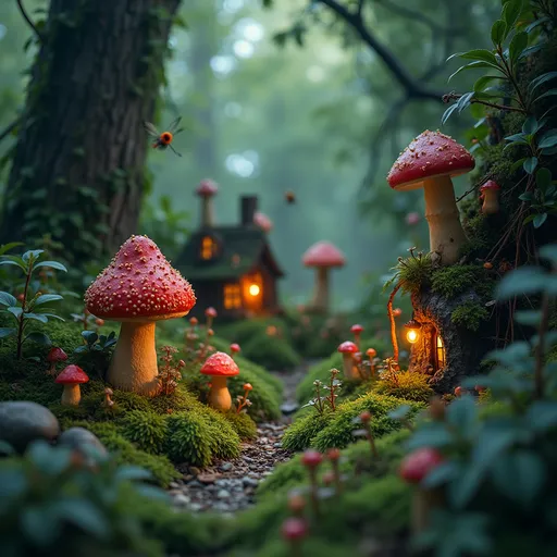 Prompt: A hidden world of miniature people, no taller than a berry, exists in a lush, magical forest.
Their village is made of mushroom houses, hollowed-out tree trunks, and glowing firefly lanterns.