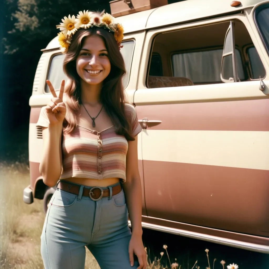 Prompt: hippie woman with flowers in her hair smiling and giving peace sign, standing next to a vintage van with colored stripes, captured with soft focus and muted colors typical of early film photography 