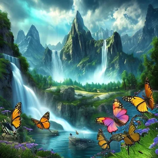 Prompt: Fantasy. Landscape. waterfall. lake. grass. Vally  butterflies