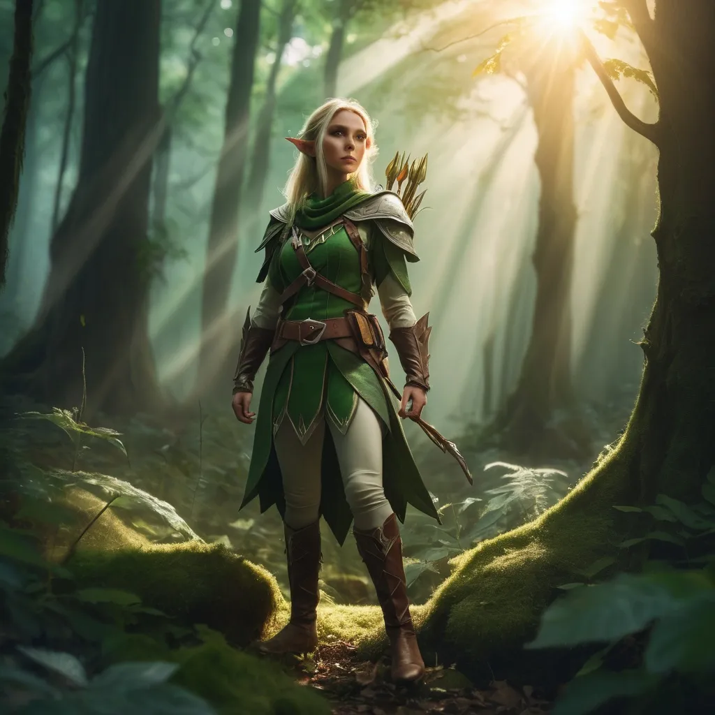 Prompt: Elf ranger in a mystical forest around sunlight