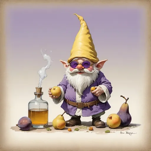 Prompt: (((((1950s gnome with yellow hat, violet bathrobe and funky sunglasses, distilling moonshine . Nose slightly red, alcoholic. Figs, pears, apricots on the side muted colors.))))) by Jean-Baptiste Monge !!!!!!!!!!!!!!!!!!!!!!!!!!! no background