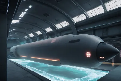 Prompt: Deep Underwater futuristic Scientific Station  submarine bay
