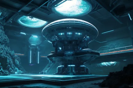 Prompt: Futuristic underwater scientific station, bio-luminescent sea creatures, advanced technology, crystal clear water, highres, ultra-detailed, futuristic, bio-luminescent, underwater, advanced technology, crystal clear water, deep sea, scientific facility, atmospheric lighting, industrial warehouse, abandoned 