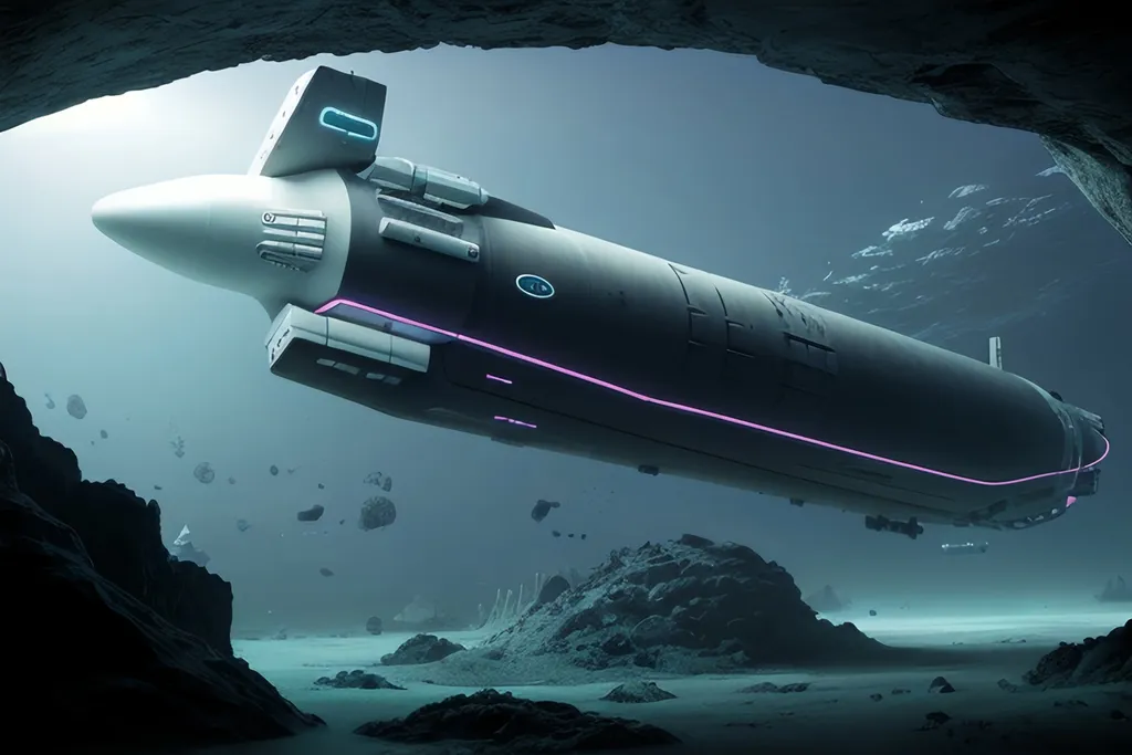 Prompt: Deep Underwater futuristic Scientific Station  submarine bay