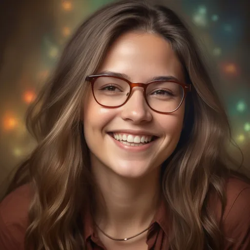 Prompt: (woman with glasses, brown shirt, smiling), (Cindy Wright), magical realism, long hair flowing, soft focus background, ethereal lighting, warm tones, vibrant colors, conveying joy and positivity, character portrait style, ultra-detailed, dreamlike atmosphere, engaging expression, rich textures, harmony in view, captivating ambiance.