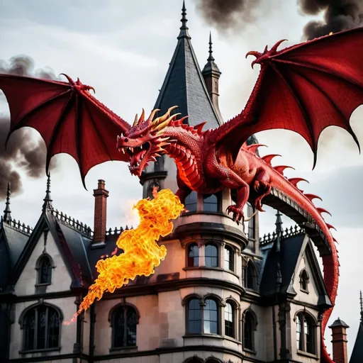 Prompt: Fire breathing red dragon, flames shooting from its mouth perched atop a gothic mansion