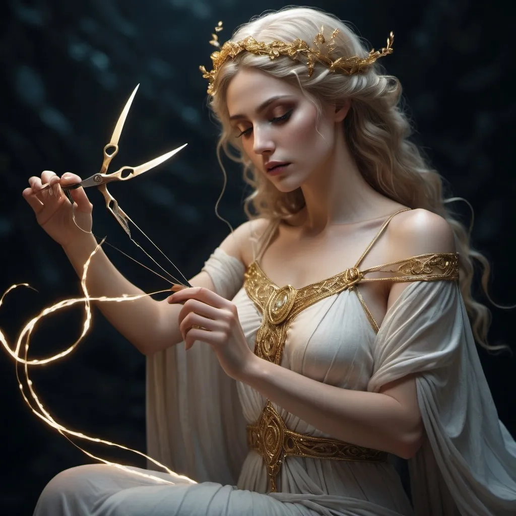 Prompt: (Atropos, Greek Goddess, cutting the thread of life), intricate details, striking expression, dramatic pose, (scissors gleaming), (delicate thread in her hand), mystic aura, ethereal glow, dark background enhancing her presence, muted colors with hints of gold, high depth, visually captivating, (4K), (HD), deeply emotional ambiance reflecting the weight of destiny.