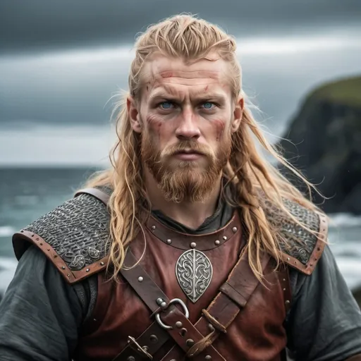 Prompt: Realistic Scandinavian Viking warrior, with blondish-red long wavy hair and a large untamed beard. He wears basic leather light armor, rugged and worn from battle. His intense eyes and weathered face reflect his youth and determination. He holds a well-crafted Viking sword with intricate carvings, symbolizing his father's legacy. The background shows a cold, rainy coastline, with a hint of a Viking longship in the distance.