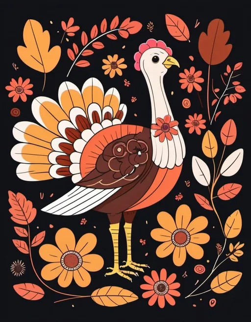 Prompt: Turkey bird with autumnal flowers  whimsical, thin line art, flat color illustration, high quality