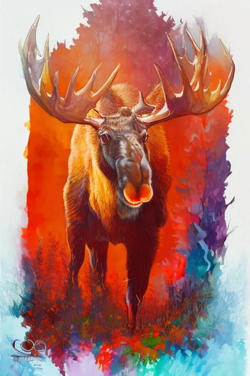 Prompt:  A high chroma, vibrant graphic painting of a majestic, Beautiful Bull Moose, with a magnificent rack , Grazing in the Forest