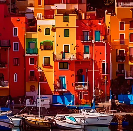 Prompt: Imagine beautifully painted coloured waterfront homes in seaside town in Spain, with  Multiple boats anchored in the Busy Harbour front 