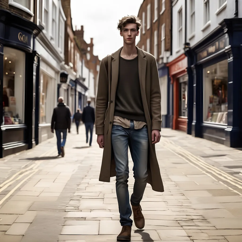 Prompt: Tall young man walking down the high street, detailed clothing, realistic, natural lighting