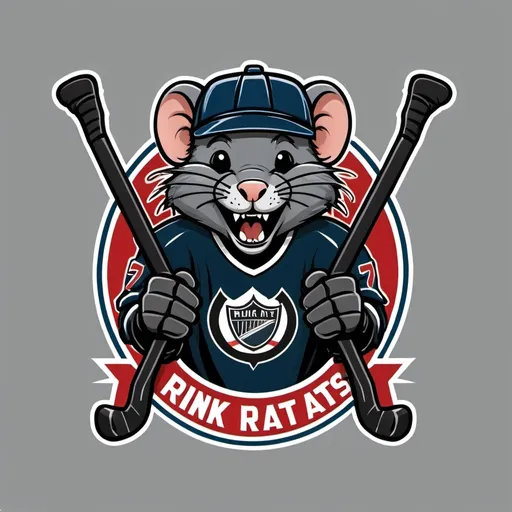 Prompt: A logo for a hockey team. The team is called Rink Rats. The logo is in black color of two rats in hockey gear carrying hockey sticks on their shoulders and smiling.