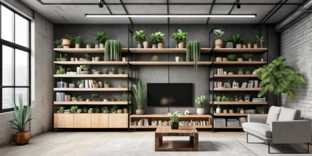 Prompt: a ((45 feet wide wall)) with a (((wooden shelf and boxes))) filled with plants and books on it's sides and a vase with flowers on the other side, Cao Buxing, cubo-futurism, vray, a digital rendering. (()TV in center of shelve))), ((black metal vertical supports after every 1 feet)), ((industrial style interior))