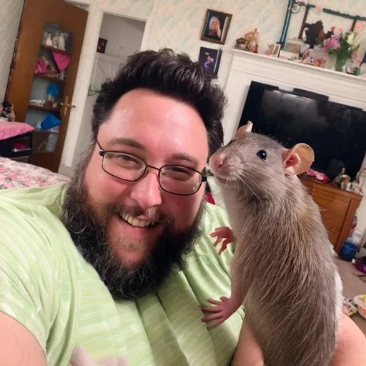 Prompt: <mymodel>holding a giant rat and smiling