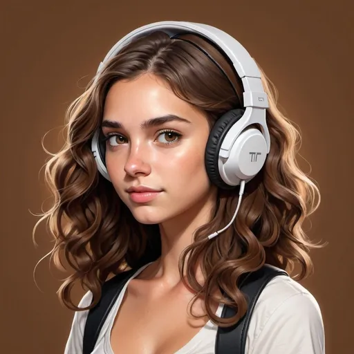 Prompt: A girl with wavy brown hair past her shoulders she is tan with stylish headphones on. Make the background simple and make it relistic!!