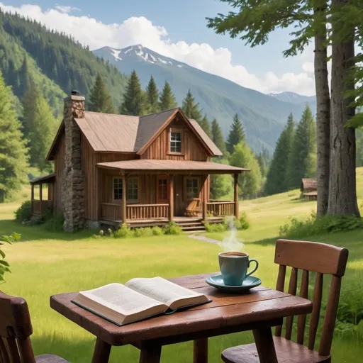 Prompt: 

**Scene Description**:
- **Background**: A serene setting in the green mountains of washington state, with rolling hills covered in lush greenery. The sky is a clear blue with soft, white clouds.
- **Foreground**: A cozy cabin or a rustic house with a porch overlooking the mountains. On the porch, there's a small wooden table with a steaming cup of coffee, a stack of books, and a pair of reading glasses.
- **People**: You, your wife, your two children, your brother, and your best friend are all sitting together. Your wife is holding a book, your kids are playing nearby, and you’re all smiling and relaxed. 
- **Details**: The scene should exude warmth, comfort, and peace, with a light breeze rustling through the trees. A golden light from the setting sun bathes everyone in a soft glow.

