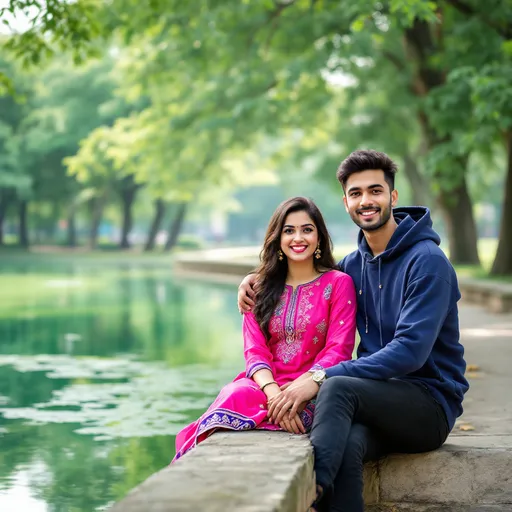 Prompt: A serene park setting unfolds with a tranquil water body reflecting the lush greenery around it, framed by tall trees and soft sunlight filtering through the leaves. A young couple sits comfortably on a stone barrier beside the water, radiating warmth and joy. The young man, dressed in a navy hoodie and black jeans, looks relaxed with his arm resting on his companion’s leg, while she beams with a bright smile, wearing a vibrant pink kurta adorned with intricate patterns. The lush foliage and the gentle curve of the path create a peaceful, inviting atmosphere, capturing a moment of connection and delight in nature.