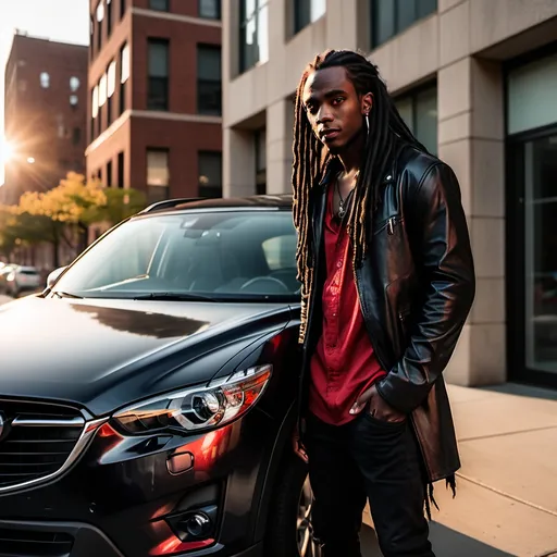 Prompt: A Black Male Vampire with long dreadlocks dressed in black leather with a red shirt is leaning against a clean and waxed black Mazda Cx-5 in the shadow of a building on a sidewalk during golden hour in the city