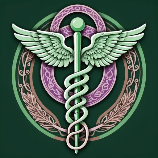 Prompt: a medical caduceus merged with the medical symbol of the rod of asclepius in manga style in green and pastel purple and brown hues