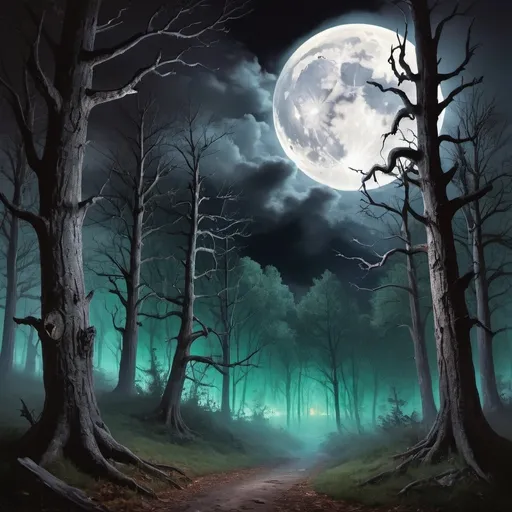 Prompt: A night time fantasy image of a haunted forest with a full moon and clouds above