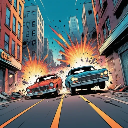 Prompt: create a comic style background containing a drawing of a comic book action scene with two cars crashing