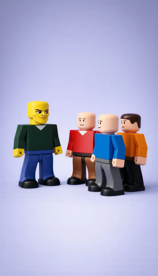 Prompt: @p5TCYMHL6BX9cu9xP1C2 He is positioned on the left side of the frame.
Other characters stand on the right side.
They are in the exact same visual style as him, with matching proportions and material.
They look like variations of the same character model.
Each has slightly different clothing colors and subtle facial differences.
Their faces are simple and consistent with his style.
They are facing him and appear to be talking.