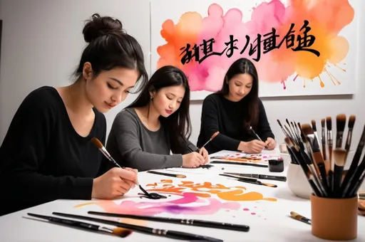 Prompt: Help me create a picture that promotes a brush calligraphy workshop. Show the background of people enjoying calligraphy and with the word "Sign up for the brush calligraphy workshop now"