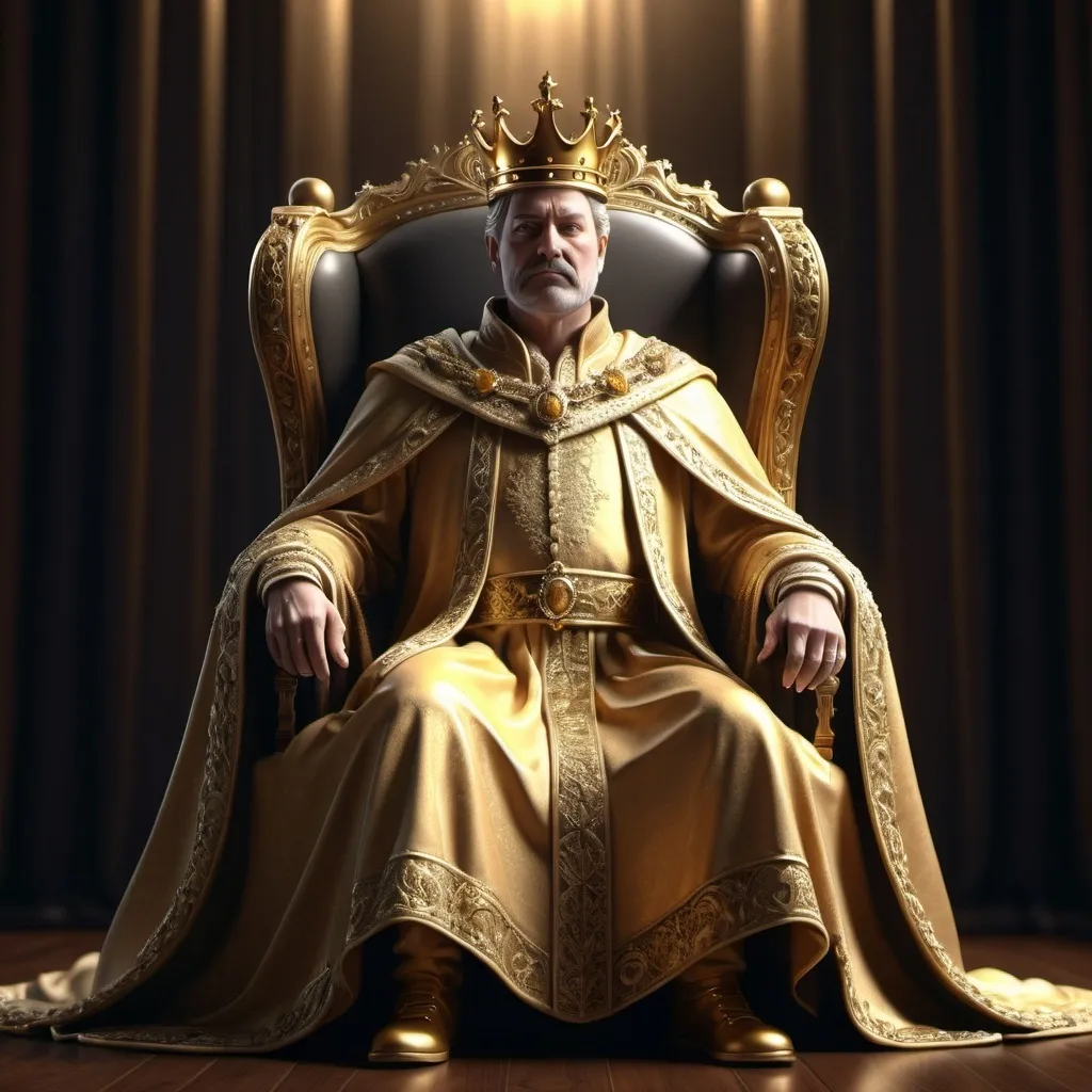 Prompt: Regal 3D rendering of a majestic king, detailed golden crown with intricate engravings, flowing royal robes, dramatic lighting casting deep shadows, high definition, royal, majestic, 3D rendering, golden tones, dramatic lighting, detailed robe