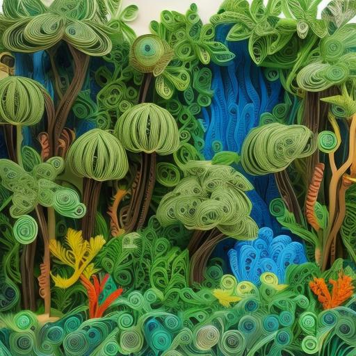 Prompt: an expertly done paper quilling  scene of a diverse  forest with a blue stream through it which is  playful. mostly green, diverse plant life, Modular and textured 3D forest artwork, paper quilling, intricate details, 