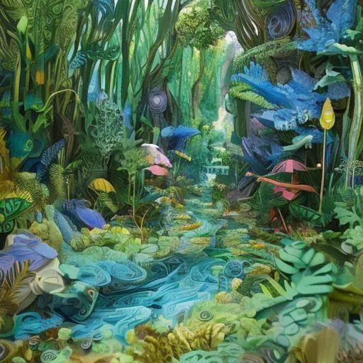 Prompt: an expertly done paper quilling  scene of a diverse green forest with a blue stream through it which is  playful. mostly green, diverse plant life, Modular and textured 3D forest artwork, paper quilling, intricate details, 
