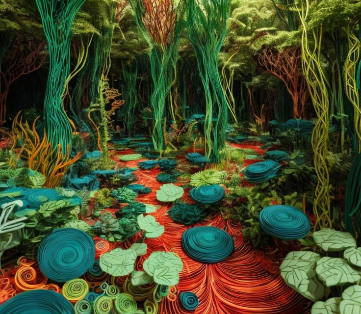 Prompt: a magical forest filled with plants made of paper quilling, colorful and captivating, shades of green, saturated
